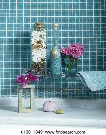 Stock Photo - Turquoise wall tiles in modern bathroom. Fotosearch