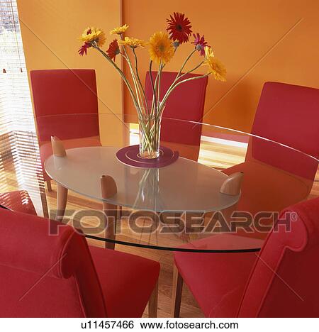Vase of gerberas on glass table in orange dining room with red upholstered chairs View Large Photo Image Stock Photograph - Vase of gerberas on glass table in orange dining room with red upholstered chairs. Fotosearch