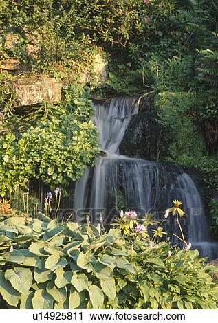 Waterfall over rocks in country garden View Large Photo Image Stock Image - Waterfall over rocks in country garden. Fotosearch