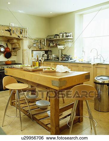Wood and steel stools at butcher's block in modern kitchen View Large Photo Image Stock Photograph - Wood and steel stools at butcher's block in modern kitchen. Fotosearch