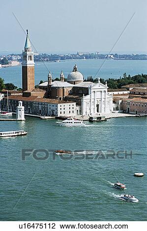Aerial view of boats on the water in front of San Giorgio Maggiore in Venice View Large Photo Image Stock Image - Aerial view of boats on the water in front of San Giorgio Maggiore in Venice . Fotosearch