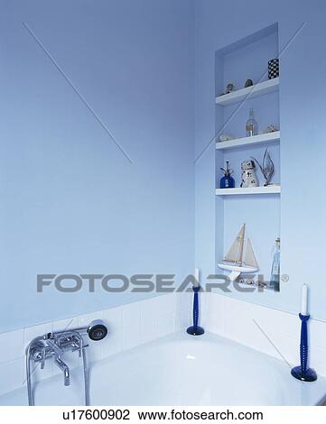 Alcove shelving in blue traditional bathroom View Large Photo Image Stock Image - Alcove shelving in blue traditional bathroom. Fotosearch