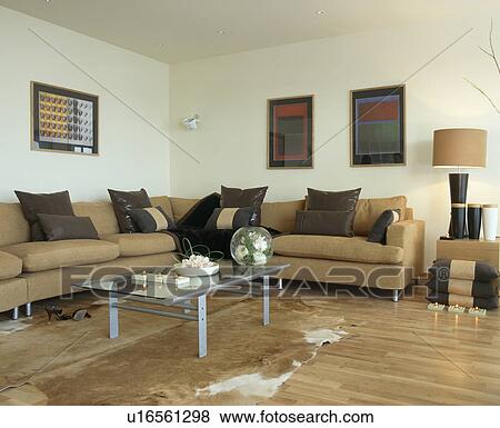 Beige Sofas With Black Leather Cushions In Modern Living Room Beige Sofas With Black Leather Cushions