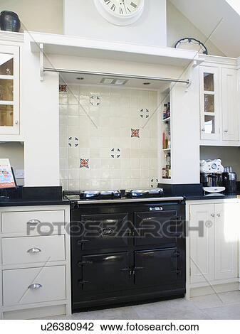 Black Aga oven in modern white kitchen View Large Photo Image Stock Image - Black Aga oven in modern white kitchen. Fotosearch