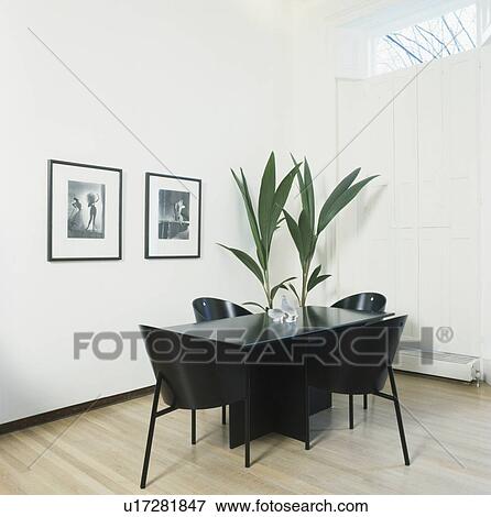 Stock Photo - Black chairs and table in modern dining room with wooden flooring. Fotosearch