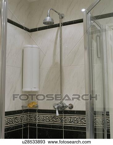 Black White Tiled Shower Cabinet With Glass Doors And Chrome