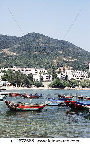 Stock Photograph - Boats moored in Stanley Bay, Stanley, Hong Kong. Fotosearch