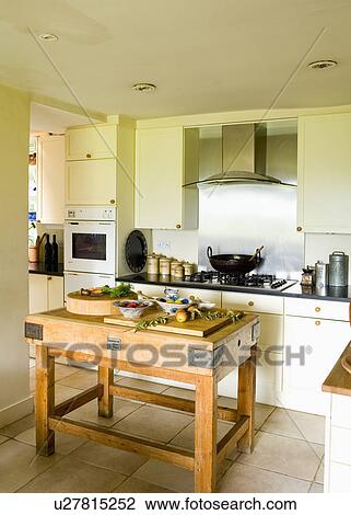 Stock Image - Chopping boards on butcher's block in modern cream kitchen. Fotosearch