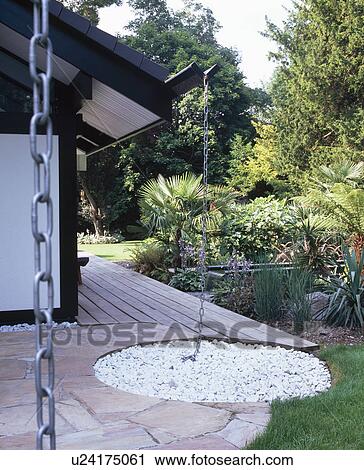 Circular gravel area in paving and decking beside modern house with lush green garden View Large Photo Image Stock Image - Circular gravel area in paving and decking beside modern house with lush green garden. Fotosearch