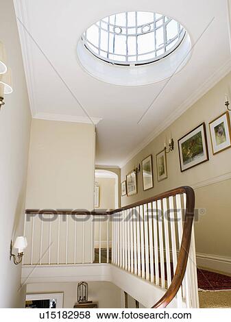 Circular skylight in ceiling above traditional cream landing View Large Photo Image Stock Photo - Circular skylight in ceiling above traditional cream landing. Fotosearch