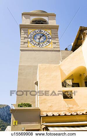 Stock Photo - Clock tower, Piazza Umberto, Capri, Italy. Fotosearch