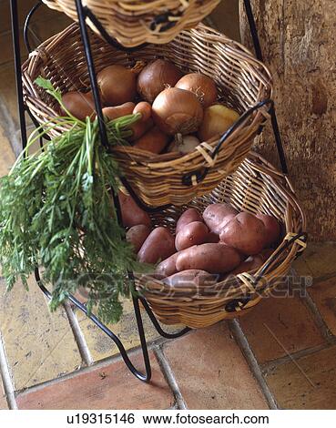 Stock Photograph - Close-up of baskets of onions and potatoes&#10;. Fotosearch