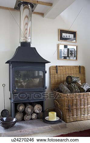 Close up of black cast iron stove and large basket of logs View Large Photo Image Stock Photograph - Close up of black cast iron stove and large basket of logs. Fotosearch