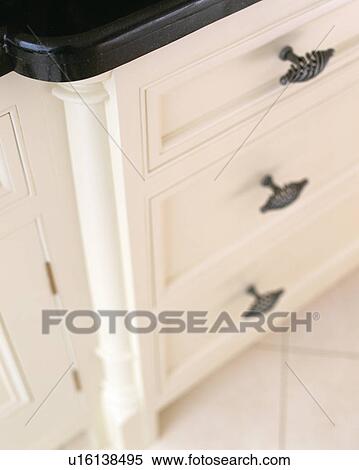 Close Up Of Black Wrought Iron Handles On White Kitchen Units Stock Photography U16138495 Fotosearch
