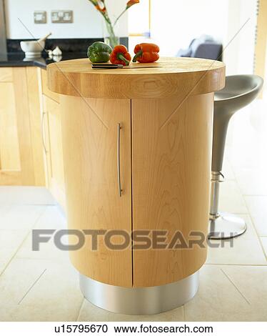 Stock Image - Close-up of circular pale wood kitchen unit. Fotosearch