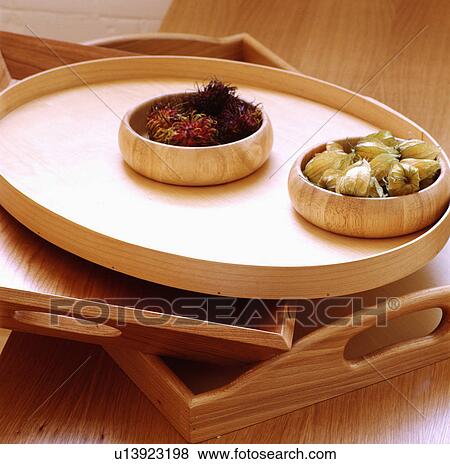 Stock Photo - Close-up of circular wooden tray on two rectangular wooden trays. Fotosearch