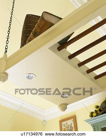Stock Photograph - Close-up of cream kitchen storage rack suspended from ceiling. Fotosearch