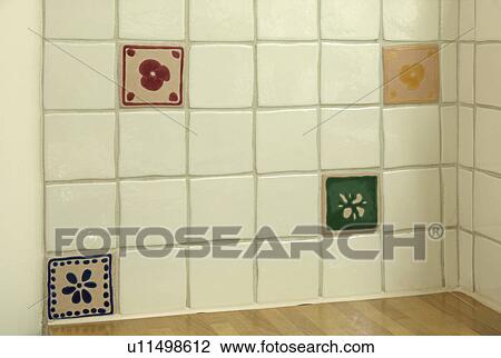 Close-up of cream wall tiles with patterned inserts View Large Photo Image Stock Image - Close-up of cream wall tiles with patterned inserts. Fotosearch