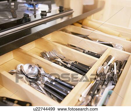 Close-up of cutlery in open storage drawer View Large Photo Image Stock Photo - Close-up of cutlery in open storage drawer. Fotosearch