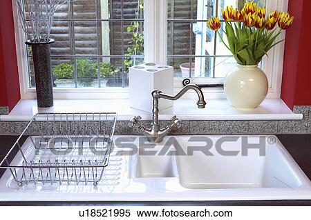 Close-up of drainer on double white sink below kitchen window View Large Photo Image Stock Photography - Close-up of drainer on double white sink below kitchen window. Fotosearch