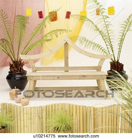 Stock Photography - Close-up of ferns in pots on either side of simple wooden bench. Fotosearch