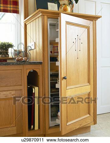 Close-up of fitted unit with refrigerator with door open View Large Photo Image Stock Image - Close-up of fitted unit with refrigerator with door open. Fotosearch