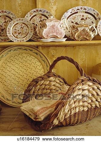 Close-up of floral plates on shelves above basket View Large Photo Image Stock Photo - Close-up of floral plates on shelves above basket. Fotosearch