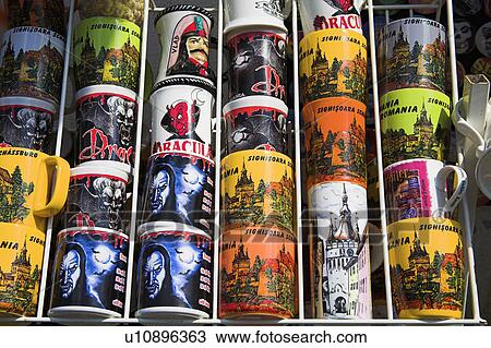 Stock Image - Close up of group of Dracula mugs in Transylvania in Romania&#10;. Fotosearch