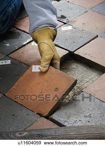Close-up of hands wearing rubber gloves laying old terracotta paving tiles View Large Photo Image Stock Photo - Close-up of hands wearing rubber gloves laying old terracotta paving tiles. Fotosearch