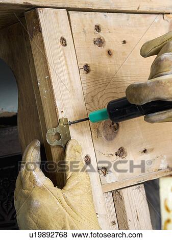 Close-up of hands wearing rubber gloves using screwdriver to attach hook to old pine door View Large Photo Image Stock Photo - Close-up of hands wearing rubber gloves using screwdriver to attach hook to old pine door. Fotosearch