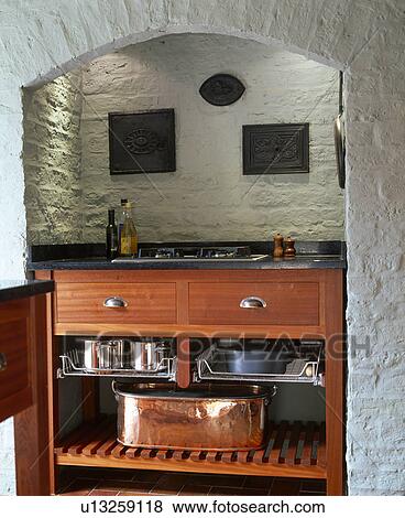 Close-up of hob in fitted unit in white-painted brick alcove in modern kitchen View Large Photo Image Stock Photo - Close-up of hob in fitted unit in white-painted brick alcove in modern kitchen. Fotosearch