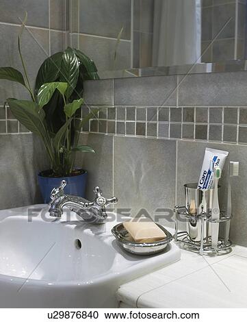Stock Image - Close-up of houseplant and white basin in modern grey tiled bathroom. Fotosearch