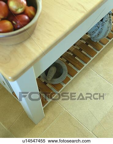 Stock Photography - Close-up of kitchen unit with stainless steel shelf. Fotosearch