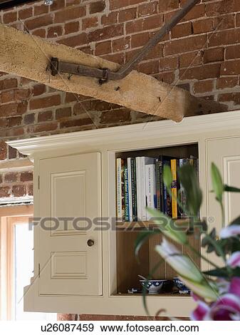 Close-up of large wooden beam above cream kitchen wall-cupboard View Large Photo Image Stock Photo - Close-up of large wooden beam above cream kitchen wall-cupboard. Fotosearch
