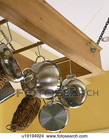Close-up of metal colander and pans on wooden ceiling rack View Large Photo Image Picture - Close-up of metal colander and pans on wooden ceiling rack. Fotosearch