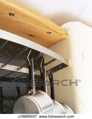 Close-up of metal rack with saucepans View Large Photo Image Stock Photo - Close-up of metal rack with saucepans. Fotosearch