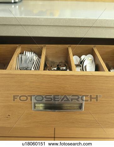 Stock Image - Close-up of open drawer with cutlery. Fotosearch