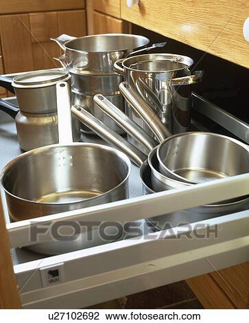 Stock Image - Close-up of open drawer with stainless steel pans. Fotosearch