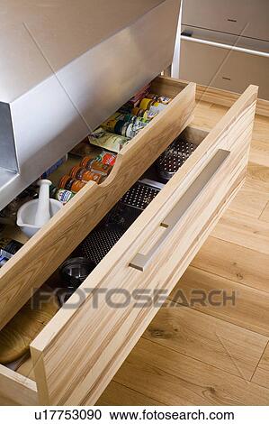 Close-up of pull-out kitchen drawers storing spice jars and small utensils View Large Photo Image Stock Image - Close-up of pull-out kitchen drawers storing spice jars and small utensils. Fotosearch