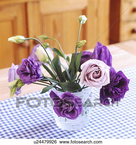 Stock Photograph - Close-up of purple and mauve lisianthus in vase on table with blue checked cloth. Fotosearch