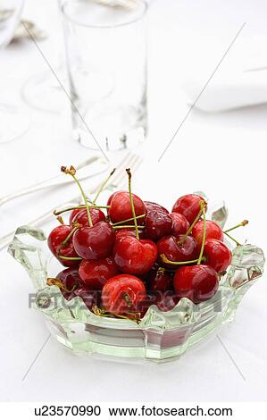 Stock Image - Close-up of red cherries in glass dish. Fotosearch