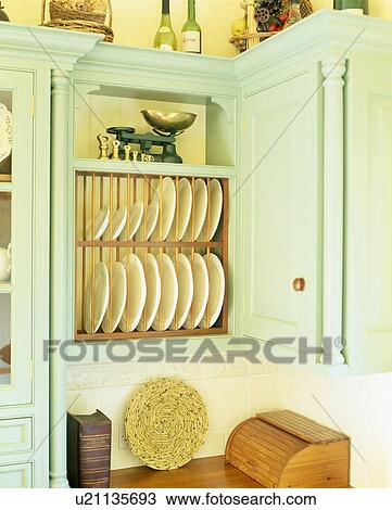 Close Up Of Scales On Shelf Above Fitted Plate Rack In Pastel