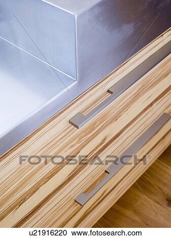 Close-up of stainless steel and wood veneer kitchen unit View Large Photo Image Stock Image - Close-up of stainless steel and wood veneer kitchen unit. Fotosearch