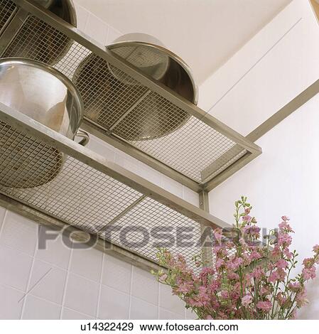 Close-up of stainless steel pans on steel shelves viewed from below View Large Photo Image Stock Photo - Close-up of stainless steel pans on steel shelves viewed from below. Fotosearch