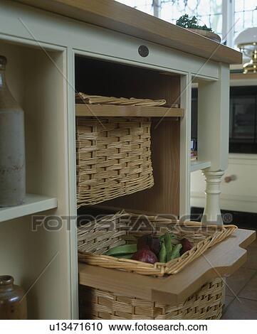 Close-up of storage baskdts in fitted kitchen unit View Large Photo Image Stock Image - Close-up of storage baskdts in fitted kitchen unit. Fotosearch