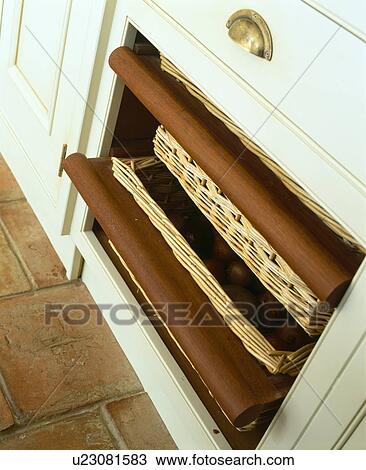 Close-up of storage baskets in cream kitchen unit View Large Photo Image Stock Image - Close-up of storage baskets in cream kitchen unit. Fotosearch