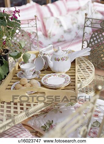 Close-up of teaset on wooden tray View Large Photo Image Stock Photo - Close-up of teaset on wooden tray. Fotosearch