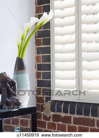 Close-up of white calla lilies in vase on shelf beside window with slatted white blind View Large Photo Image Stock Photo - Close-up of white calla lilies in vase on shelf beside window with slatted white blind. Fotosearch