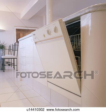 Stock Image - Close-up of white dishwasher. Fotosearch