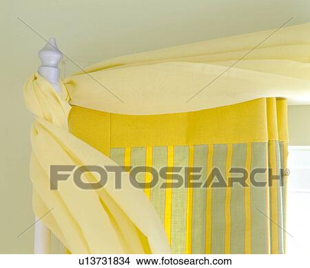 Close-up of yellow voile drapes and yellow and green striped blind View Large Photo Image Picture - Close-up of yellow voile drapes and yellow and green striped blind. Fotosearch
